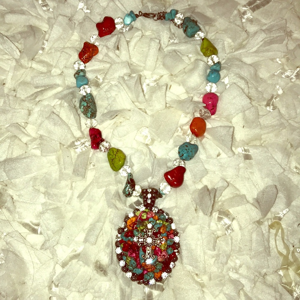 Multicolored stone cross necklace